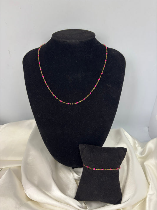 Ensemble chaîne perlé rose fuchsia